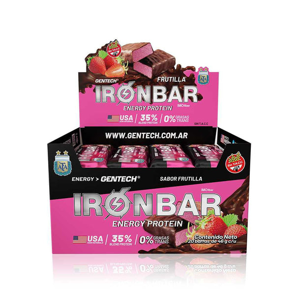 Gentech Iron Bar Strawberry Flavor Sports Nutrition - 20 Units Ea. | High BCAA & Whey Protein Concentration | Gluten-Free & Non-GMO