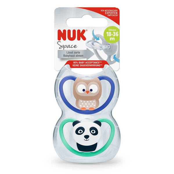 Nuk Set Of 2 Chup Space T3 Pacifier ‚Panda & Owl Designs for Ages 18-36 Months